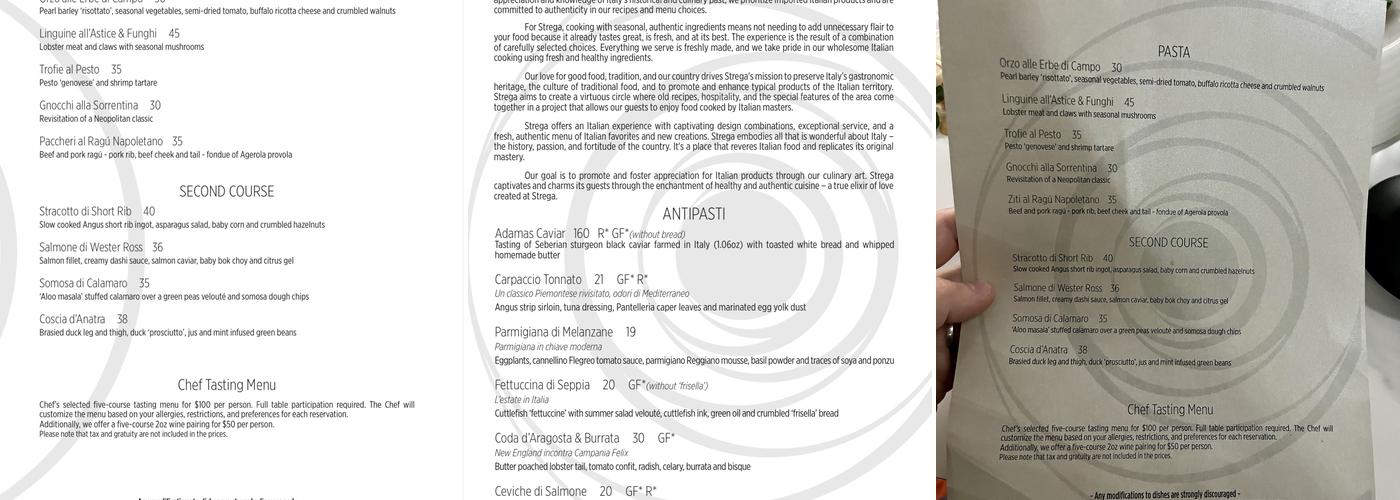 Strega Restaurant Menu