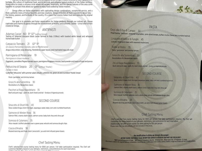 Strega Restaurant Menu