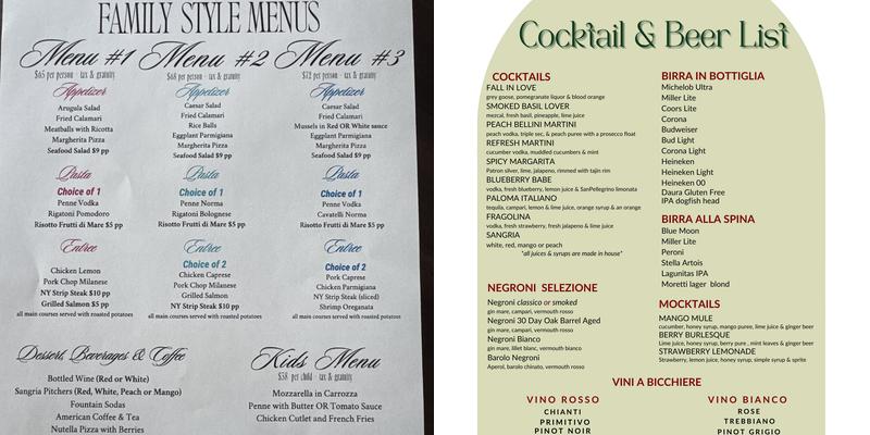 Angelina's Kitchen, Bar and Restaurant Menu