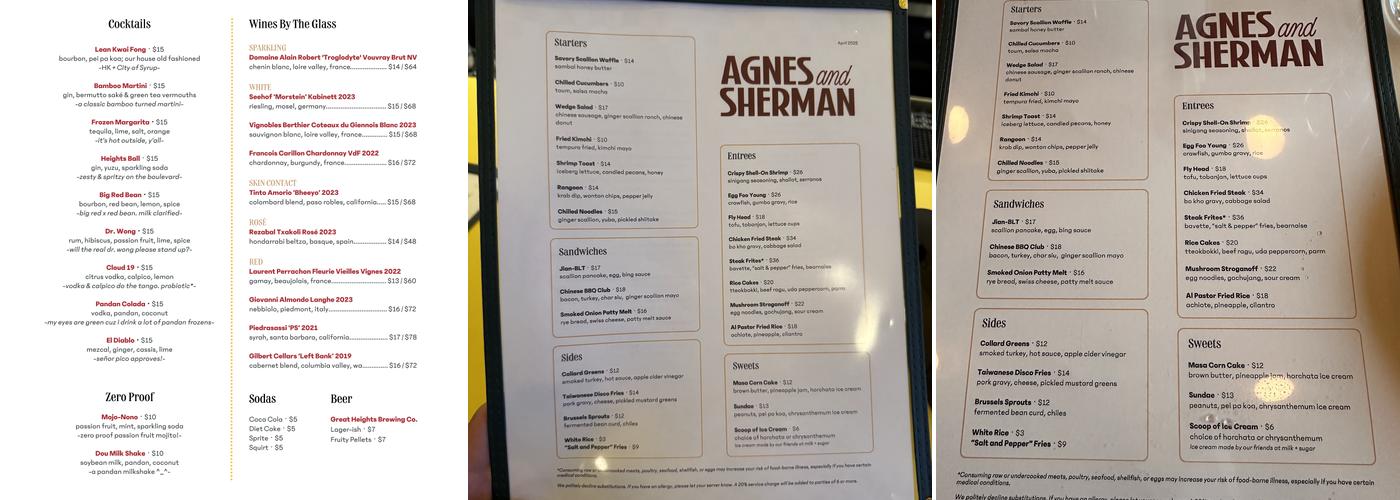 Agnes and Sherman Menu