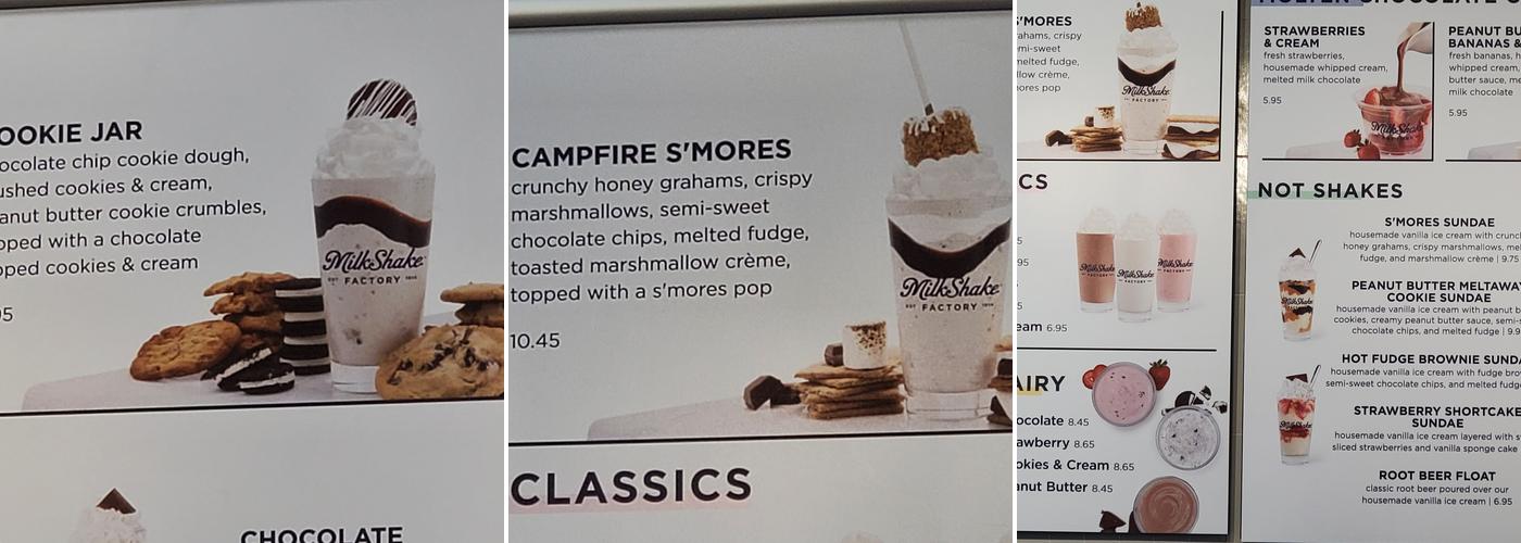 MilkShake Factory Briargate Menu