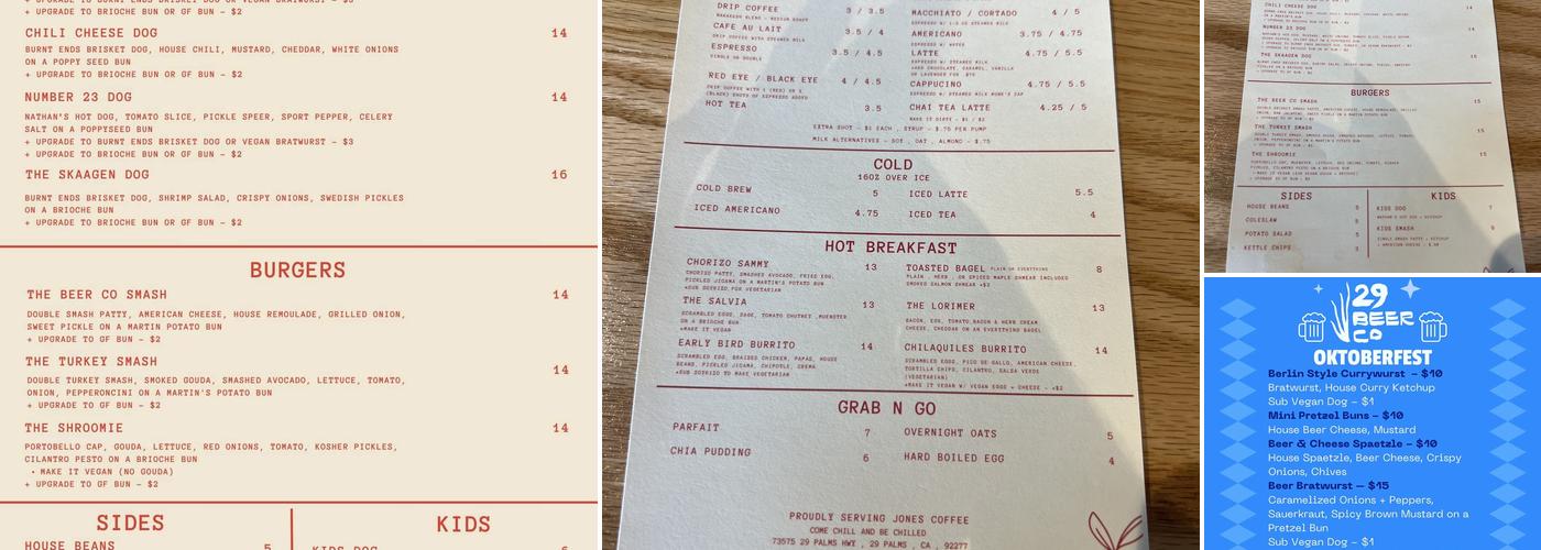 29 Palms Beer Company Menu