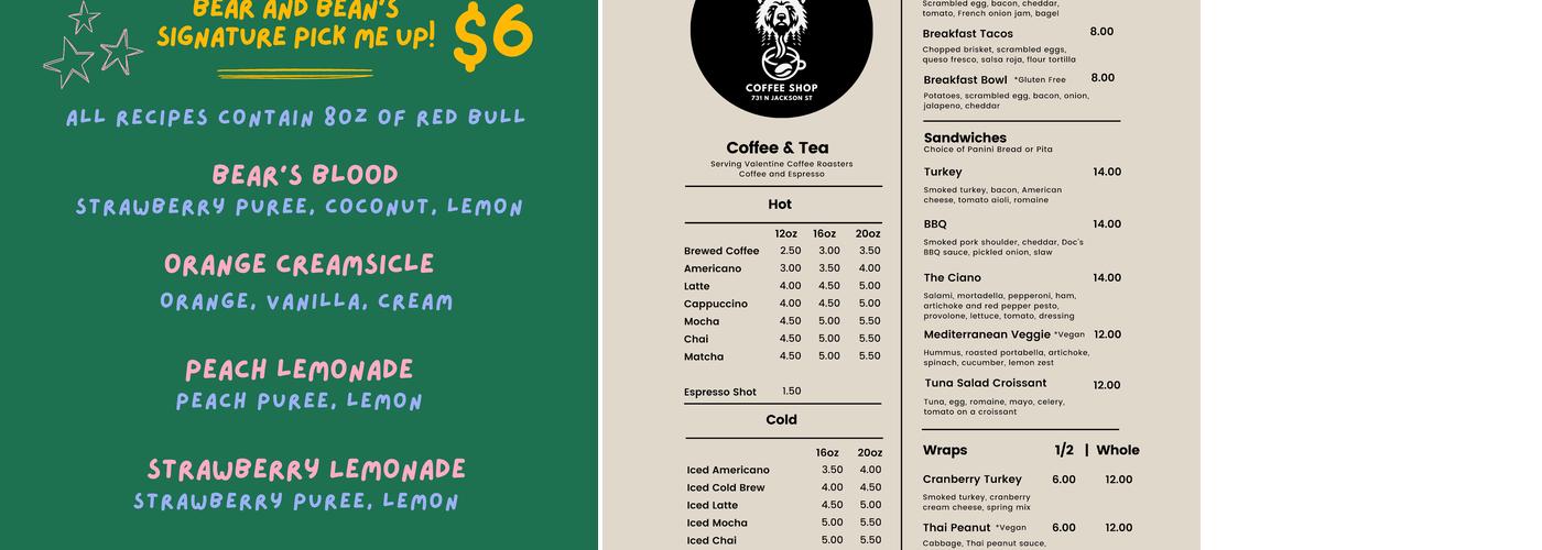 Bear & Bean Menu