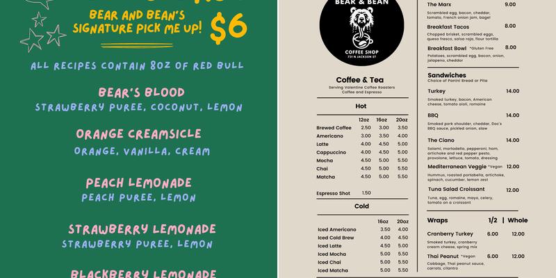 Bear & Bean Menu