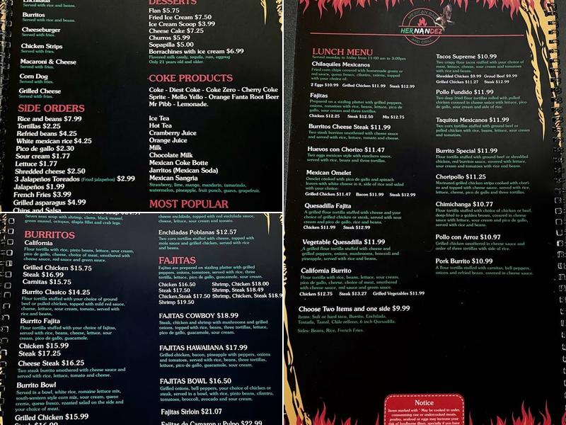 Hernandez Mexican Bar And Grill Menu