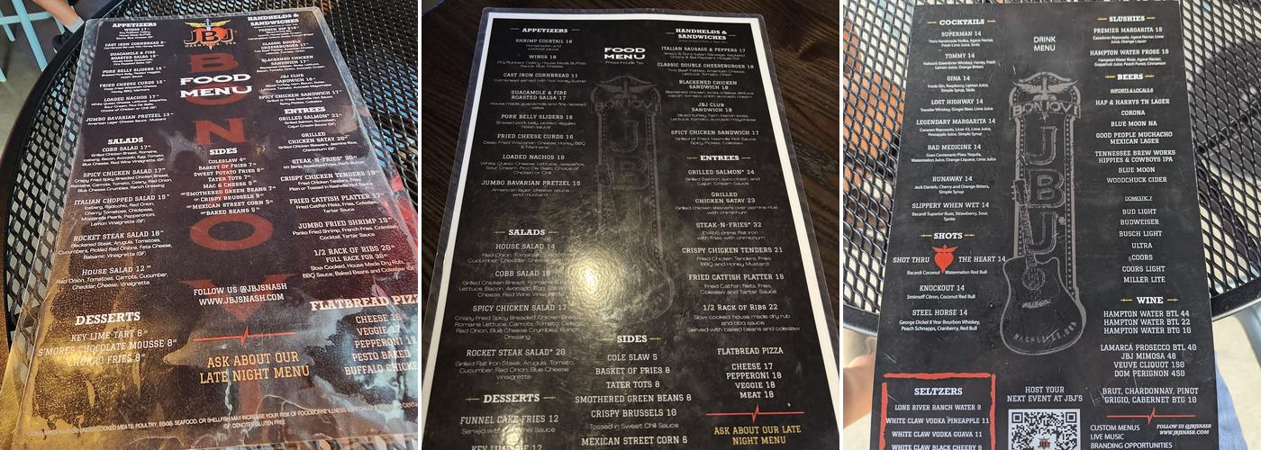 Jon Bon Jovi's Nashville, U.S.A. Menu