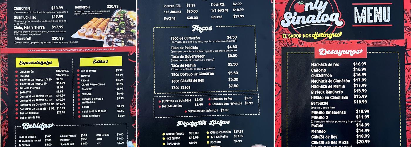 Only Sinaloa Menu