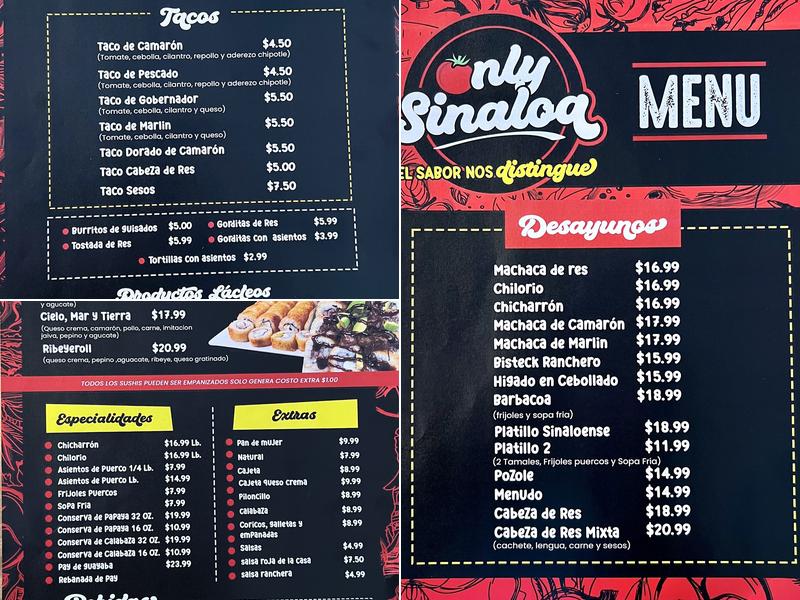 Only Sinaloa Menu