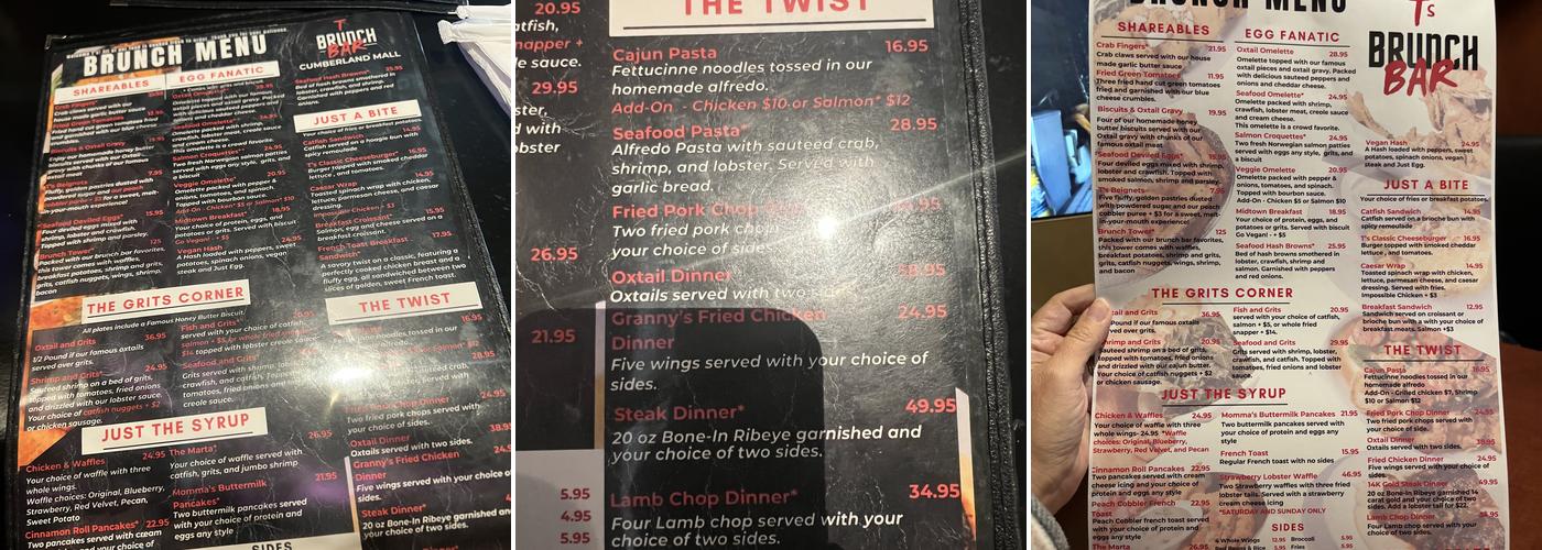 T'S BRUNCH BAR CUMBERLAND MALL Menu