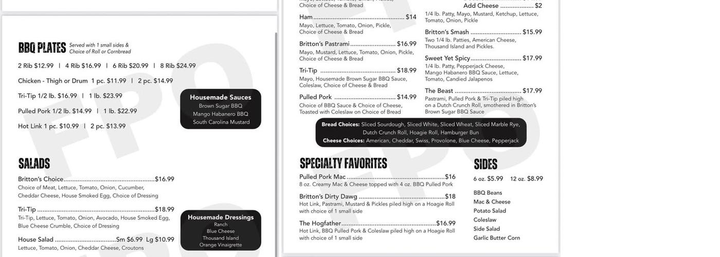 Brittons BBQ and Deli Menu