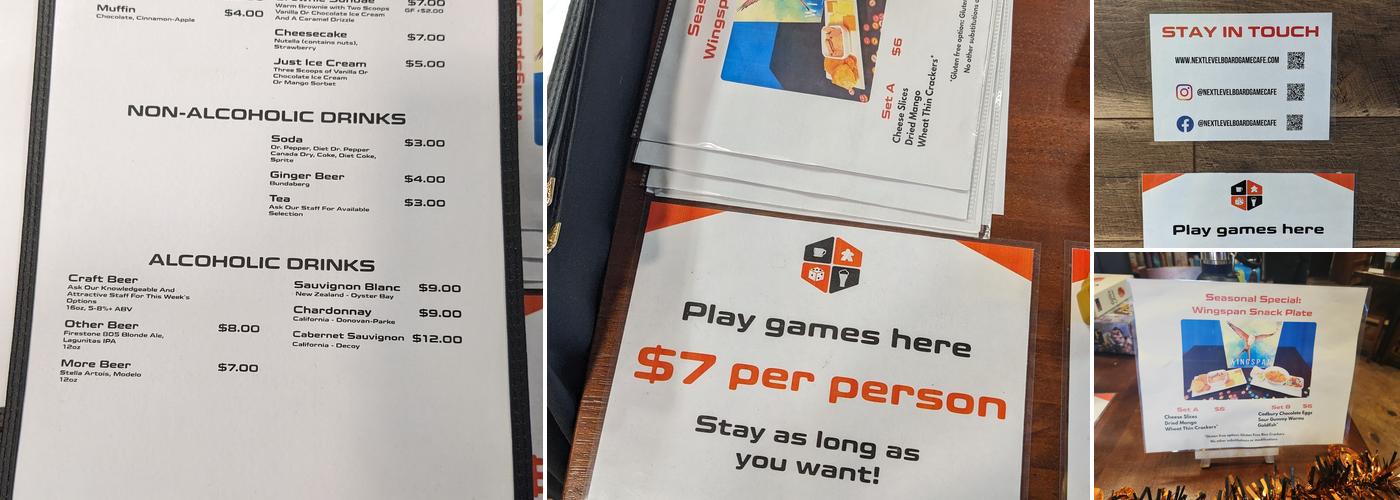 Next Level Board Game Cafe Menu