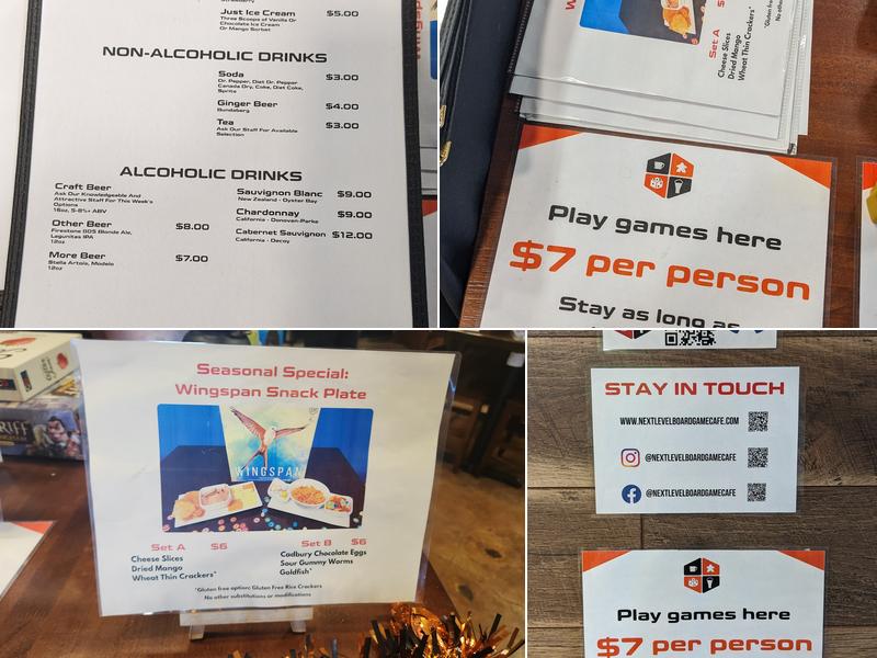 Next Level Board Game Cafe Menu