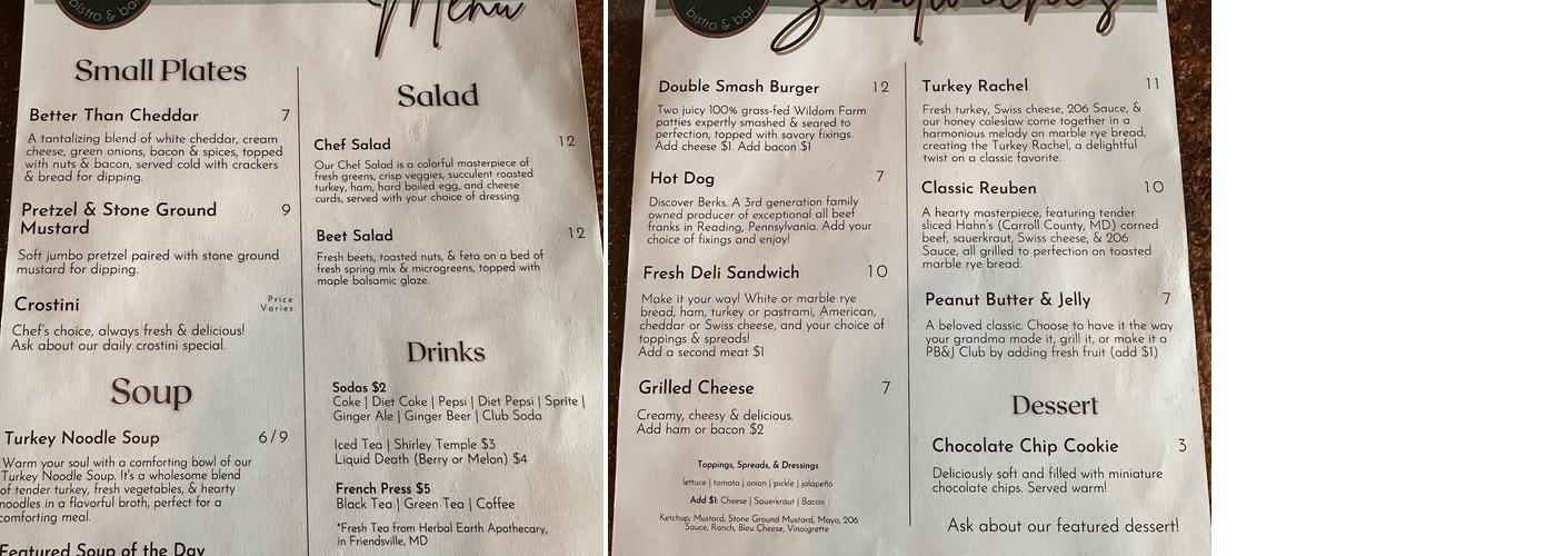 206 Alder Bistro & Bar Menu