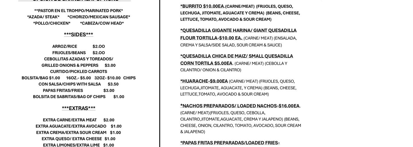 Cergio's Tacos Menu