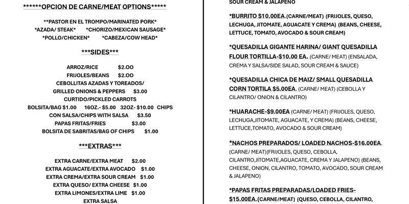 Cergio's Tacos Menu