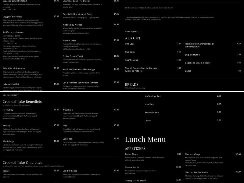 Crooked Lake Cafe & Bistro Menu