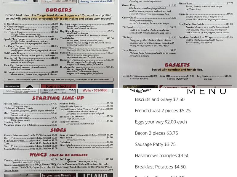 26 Pit Stop Bar and Grill Menu