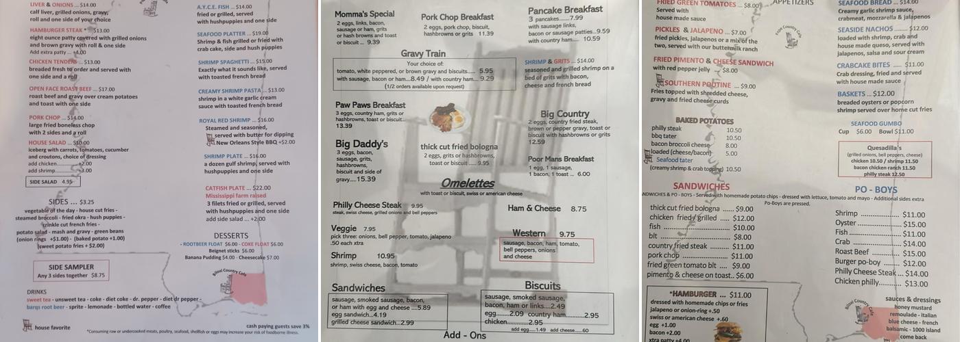 Biloxi Country Café Menu