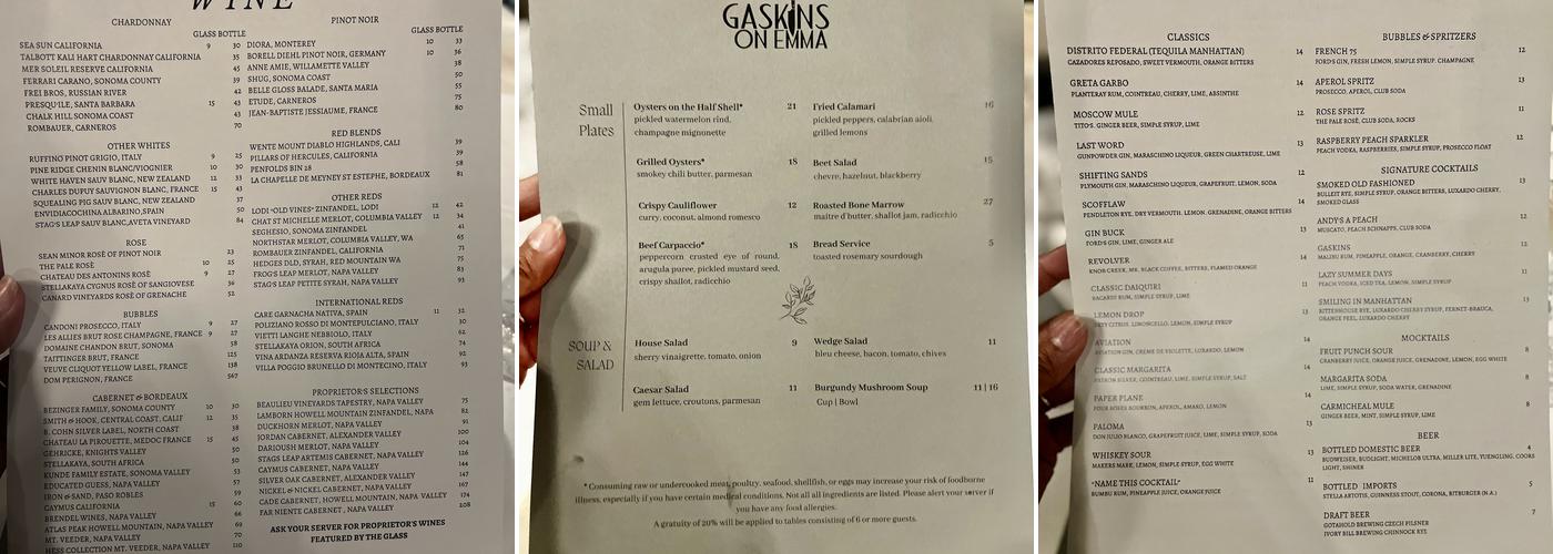 Gaskins on Emma Menu