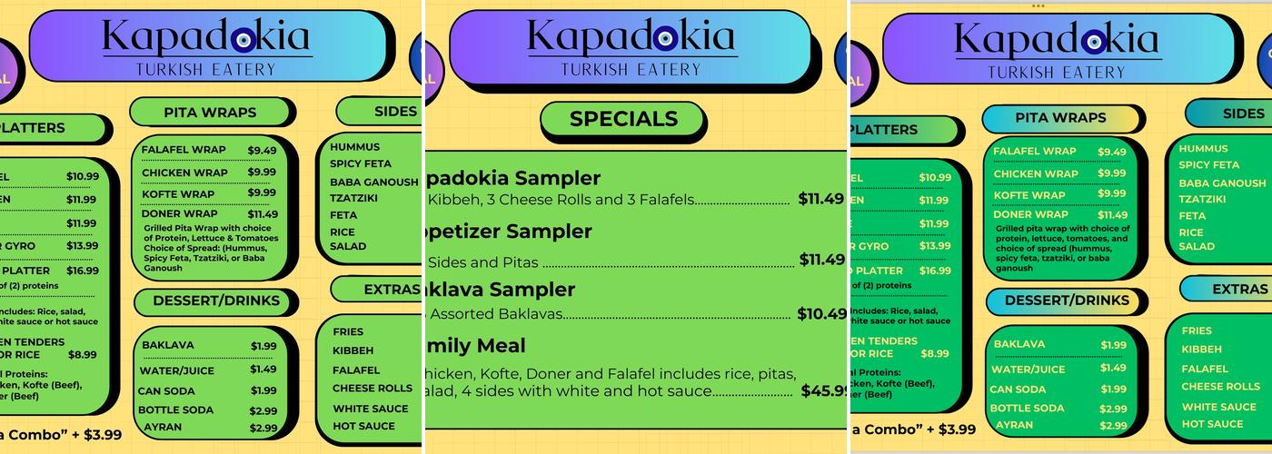 Kapadokia Turkish Eatery Menu