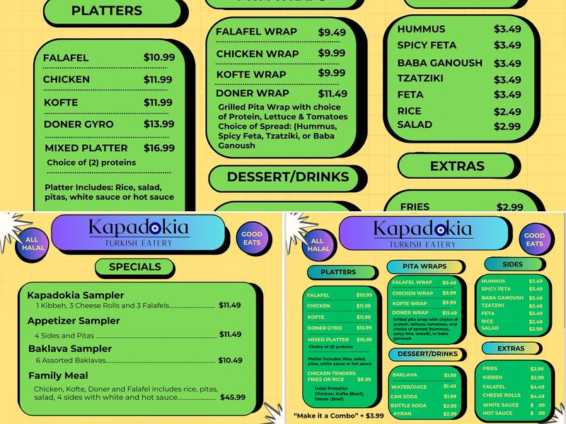 Kapadokia Turkish Eatery Menu