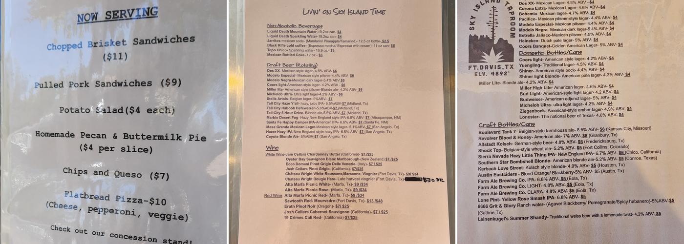 Sky Island Taproom Menu