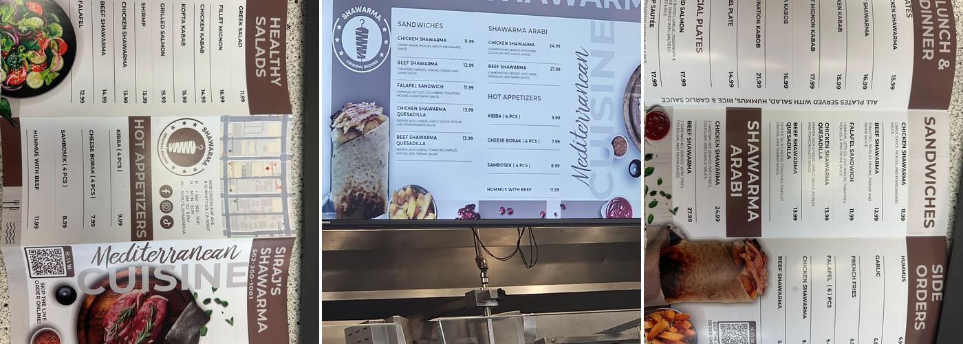 Siraj's shawarma Menu