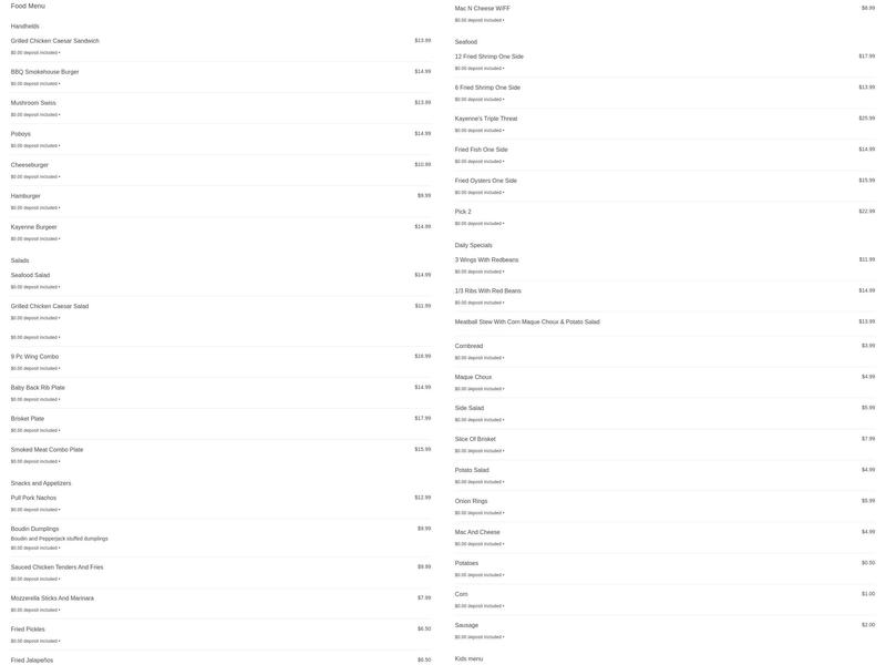 Kayenne’s Bar & Grill Menu