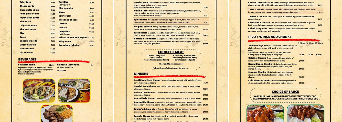 Pico's Mexican Bar and Grill Menu