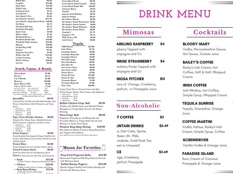 Tipsy Teeze Bar, Grill and Music Hall Menu