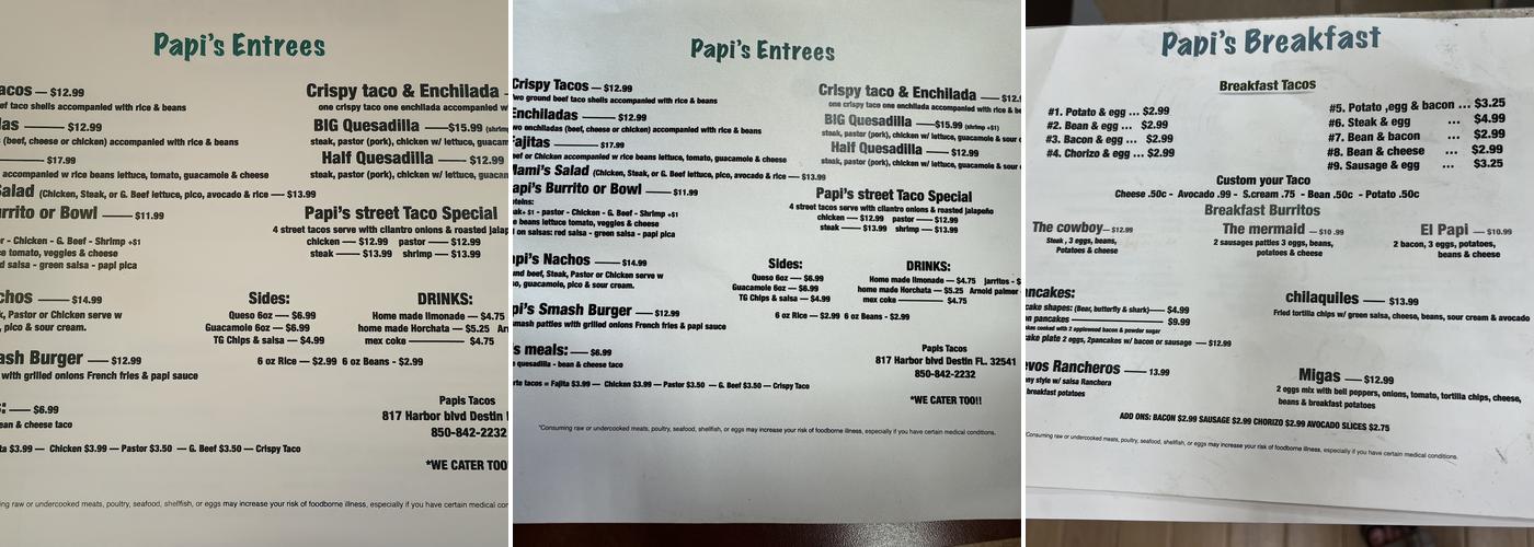 PAPI’S Tacos & Burger Eatery Menu