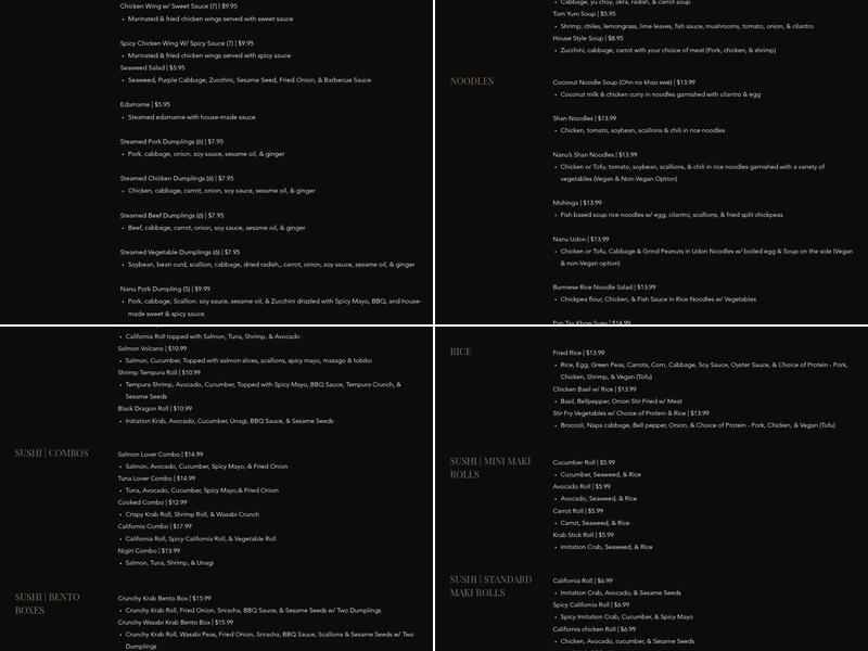 Nanu Burmese Fusion Menu