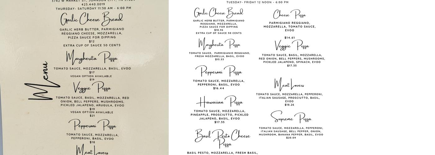 Basil Wood Fired Pizza Menu