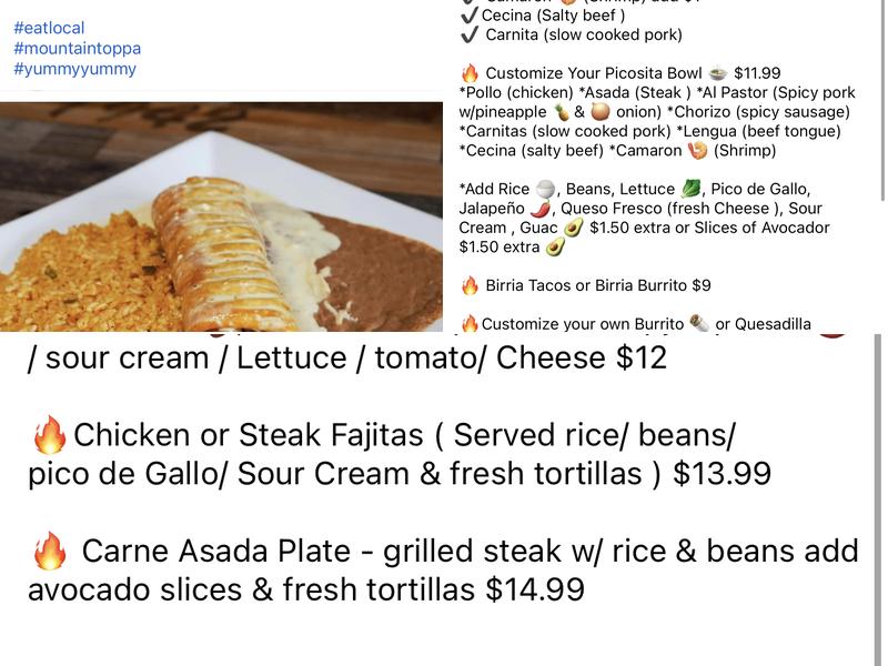 Picosita Taqueria (Food Truck) Menu