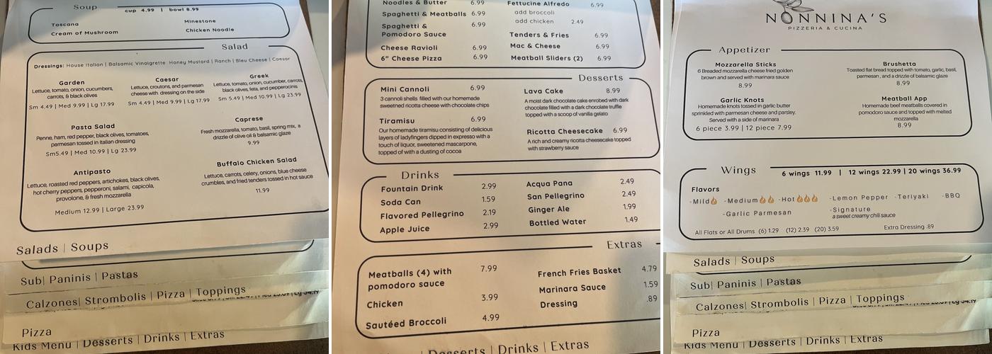 Nonnina's Pizzeria and Cucina Menu