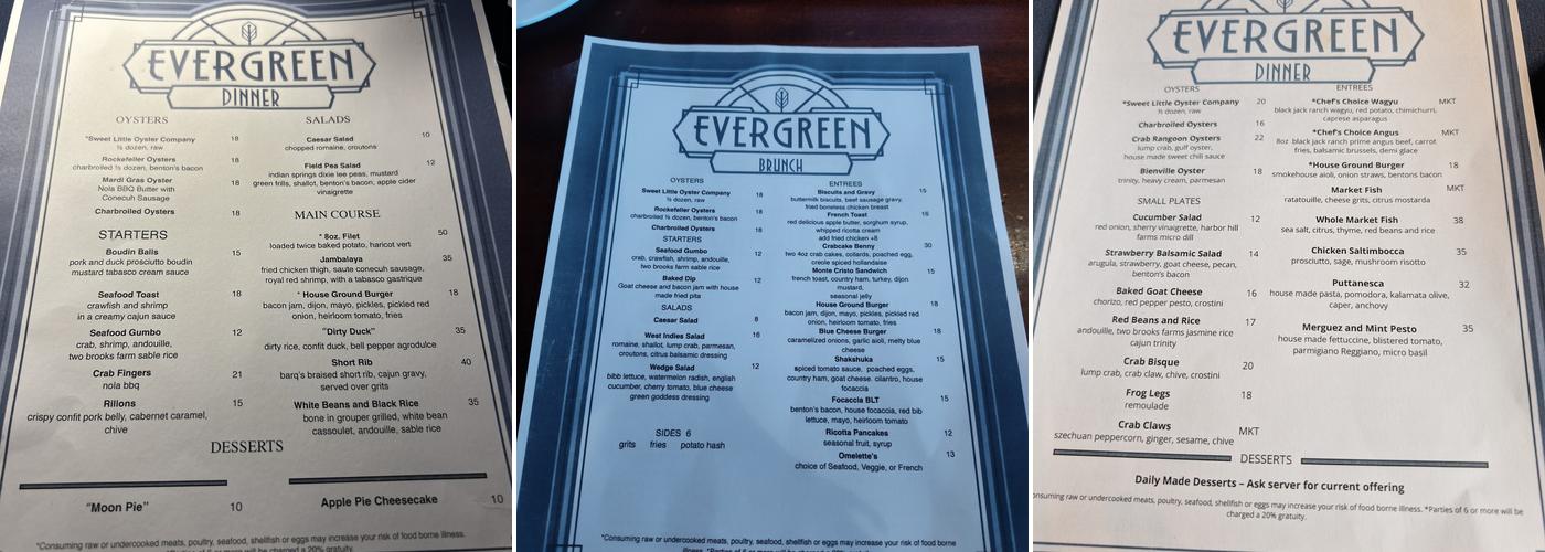 Evergreen Steak and Oysters Menu