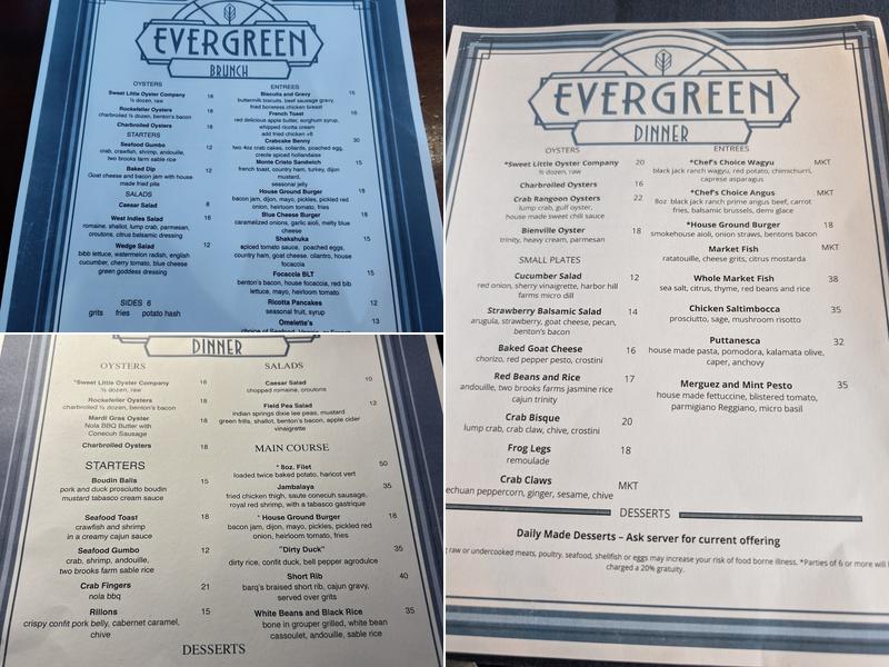 Evergreen Steak and Oysters Menu