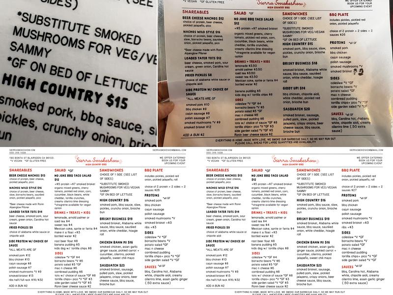 Sierra Smokeshow Menu