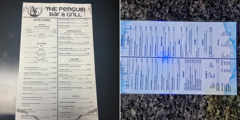 The penguin Bar & Grill Menu