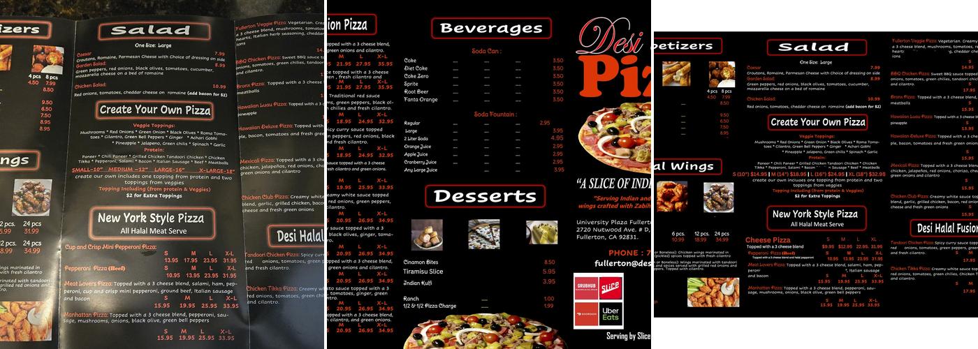 Desi Halal Pizza Menu