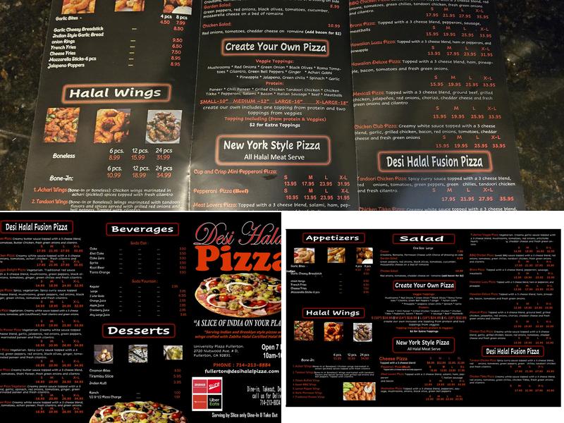 Desi Halal Pizza Menu
