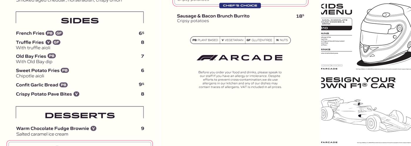 F1 Arcade Philadelphia Menu