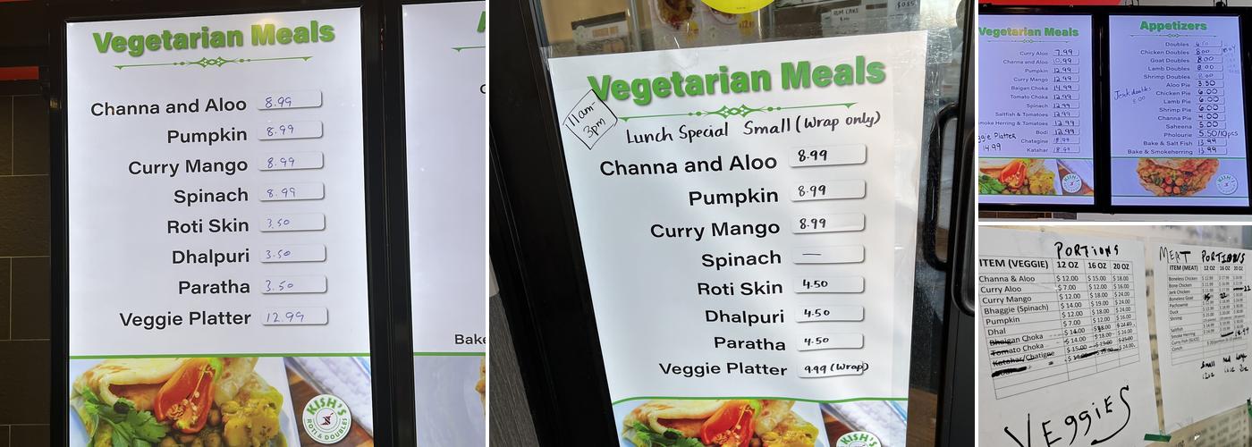 Kish's Roti & Doubles Menu