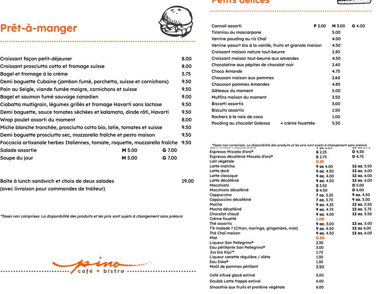 Pino Café + Bistro Menu