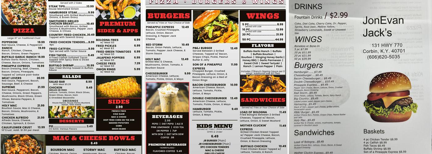 Jon Evan Jack's Menu