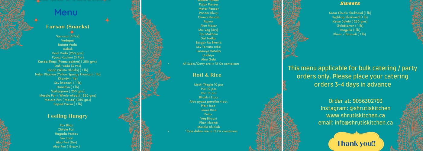 Shruti's Kitchen Menu