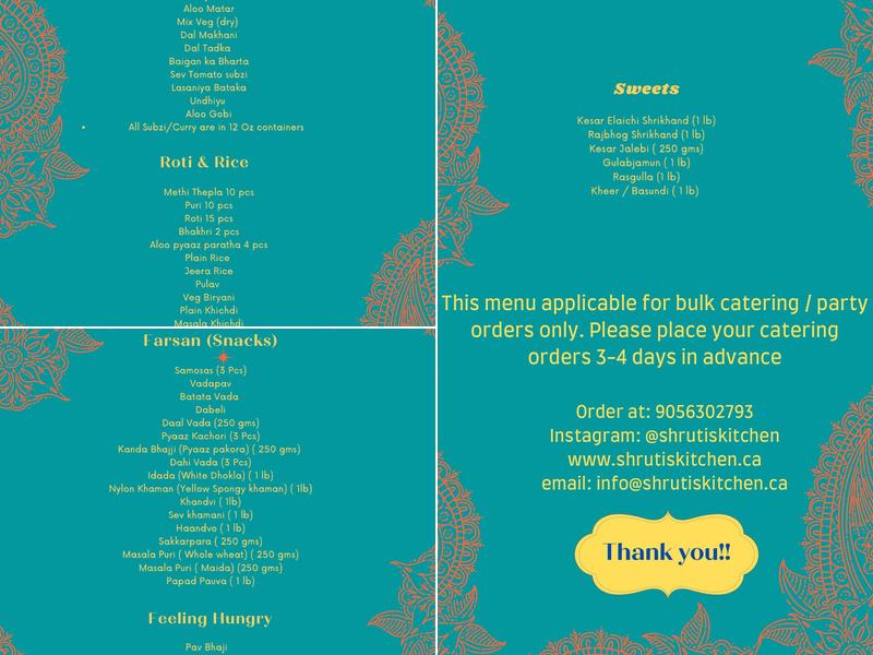 Shruti's Kitchen Menu