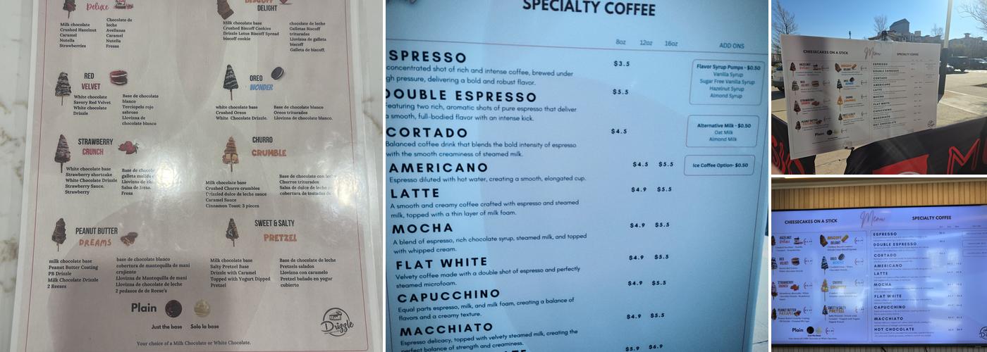 Drizzle Cheesecakes Menu
