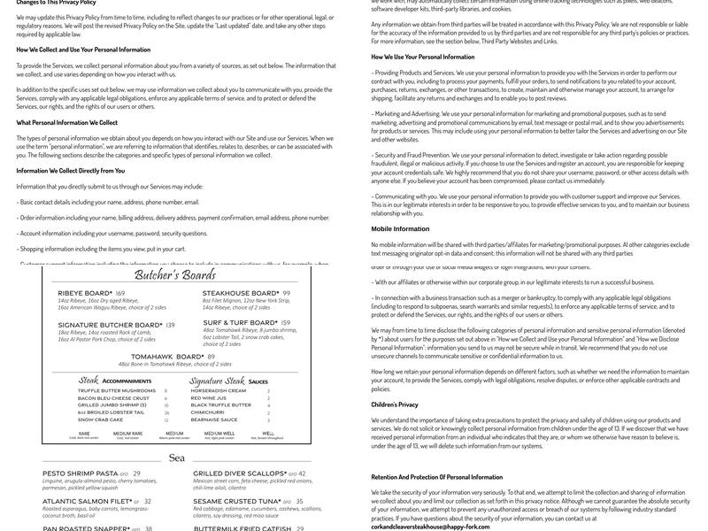 Cork & Cleaver Steakhouse Menu