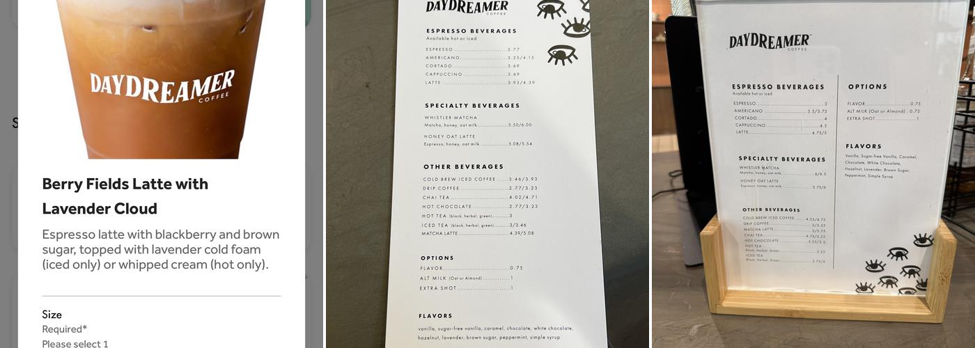 Daydreamer Coffee Menu